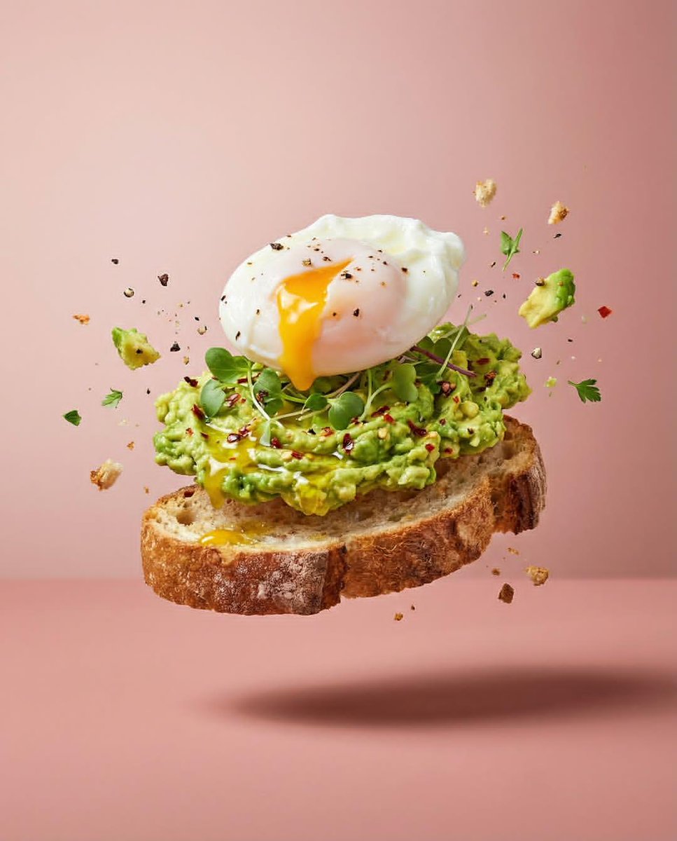 Hyper-realistic studio food photography series showing floating tiramisu components, levitating borscht ingredients, and deconstructed avocado toast with egg in cinematic motion.