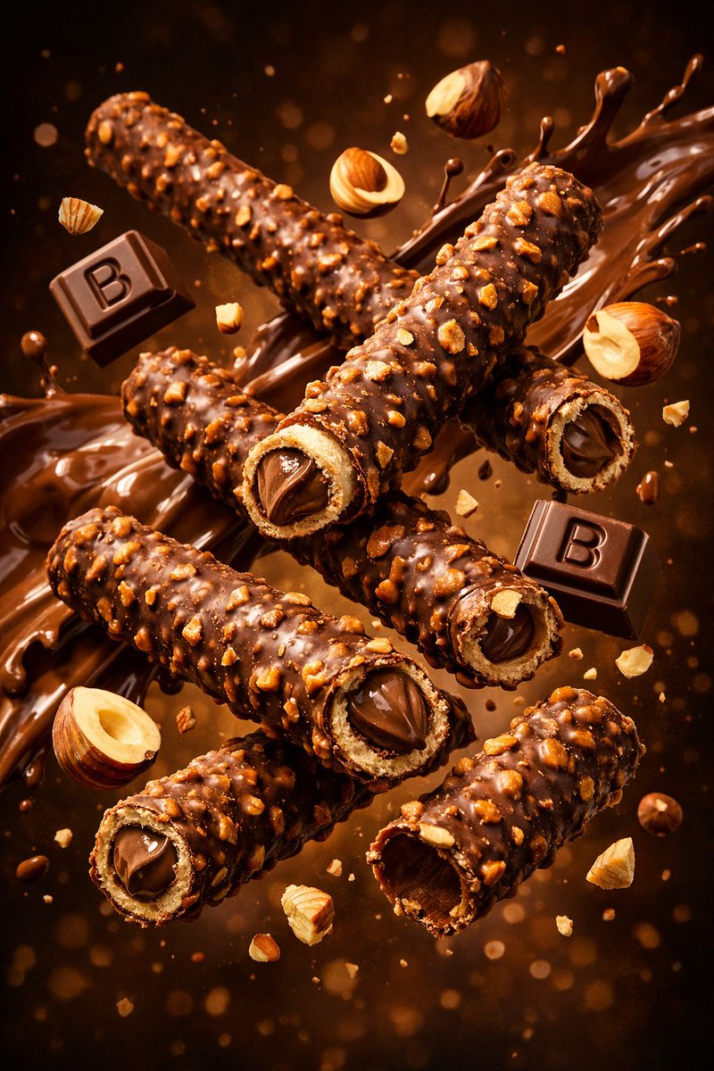 Hyper-realistic floating wafer rolls surrounded by hazelnuts, chocolate blocks, and thick chocolate splash in zero-gravity cinematic studio lighting. Thumbnail 2