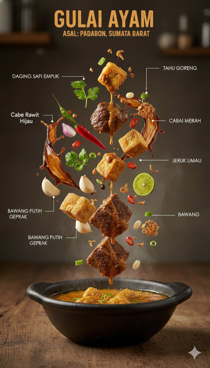 Ultra-realistic Indonesian culinary infographic showing a steaming traditional bowl with floating meat, tofu, herbs, chilies, lime, and spices in a premium editorial layout. Thumbnail 2