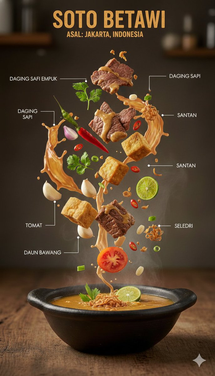 Ultra-realistic Indonesian culinary infographic showing a steaming traditional bowl with floating meat, tofu, herbs, chilies, lime, and spices in a premium editorial layout.