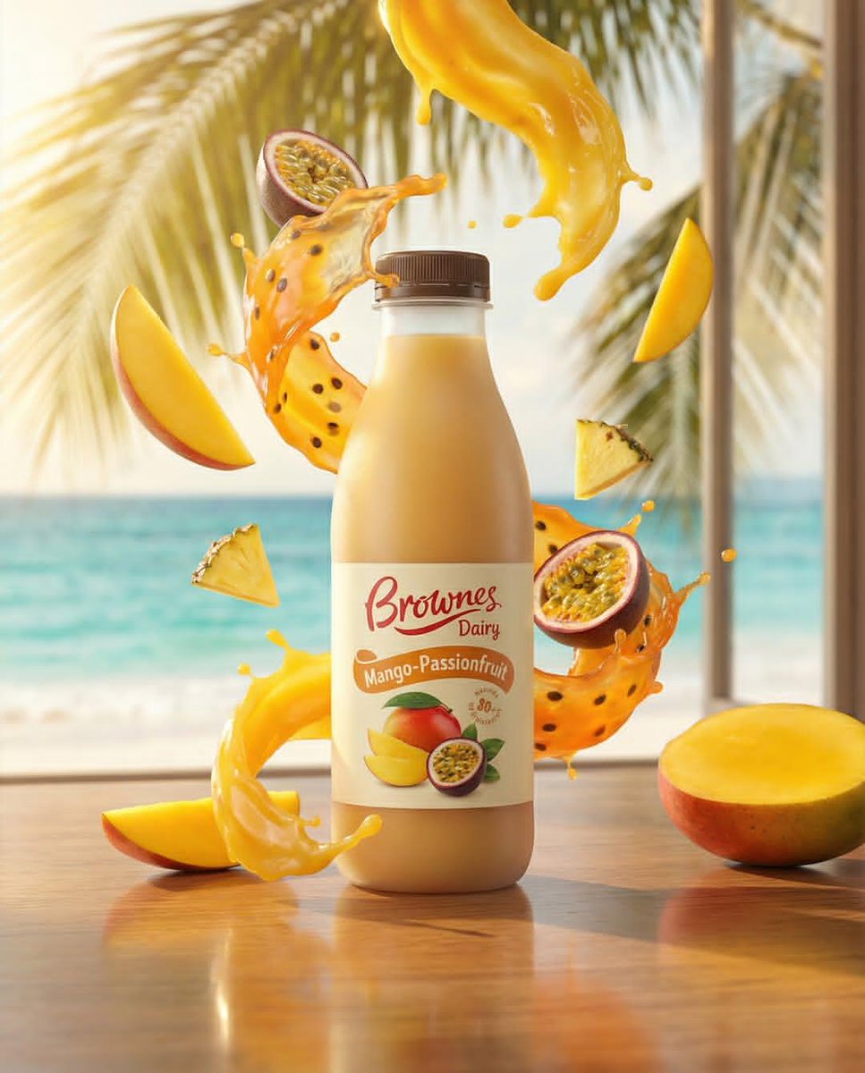 Hyper-realistic fruit drink bottle surrounded by exploding orange, kiwi, strawberry, mango, and passionfruit with dynamic liquid splash in cinematic golden sunlight. Thumbnail 2