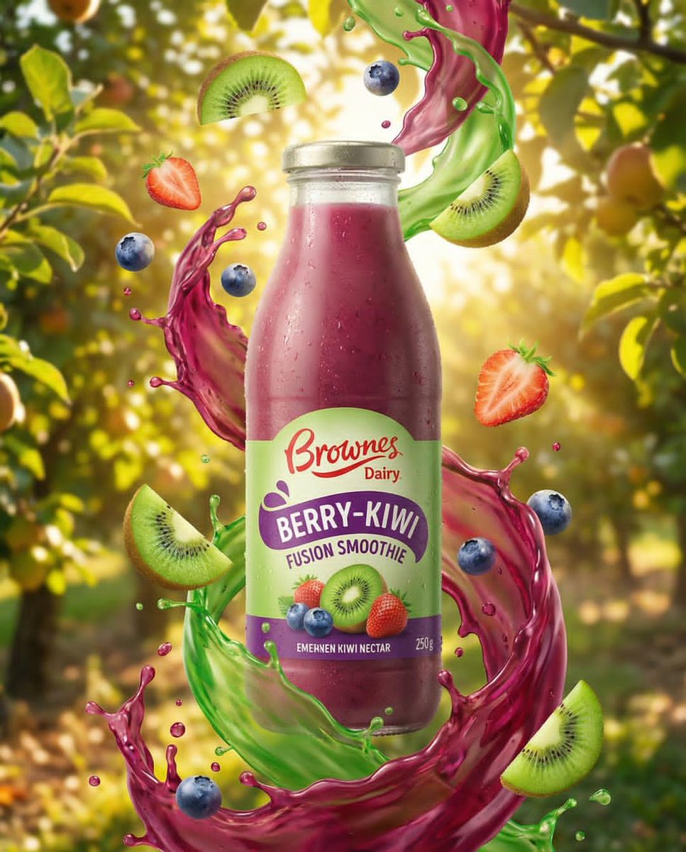 Hyper-realistic fruit drink bottle surrounded by exploding orange, kiwi, strawberry, mango, and passionfruit with dynamic liquid splash in cinematic golden sunlight. Thumbnail 3