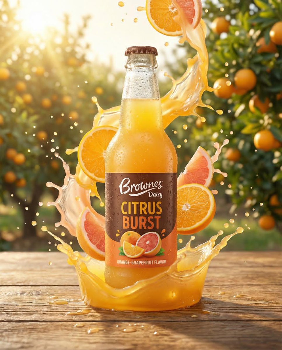 Hyper-realistic fruit drink bottle surrounded by exploding orange, kiwi, strawberry, mango, and passionfruit with dynamic liquid splash in cinematic golden sunlight. Thumbnail 4