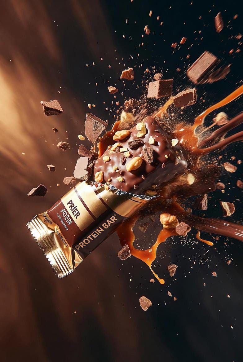 Hyper-realistic floating protein bar with metallic packaging surrounded by exploding chocolate chunks, caramel drips, and nuts in cinematic studio lighting. Thumbnail 3