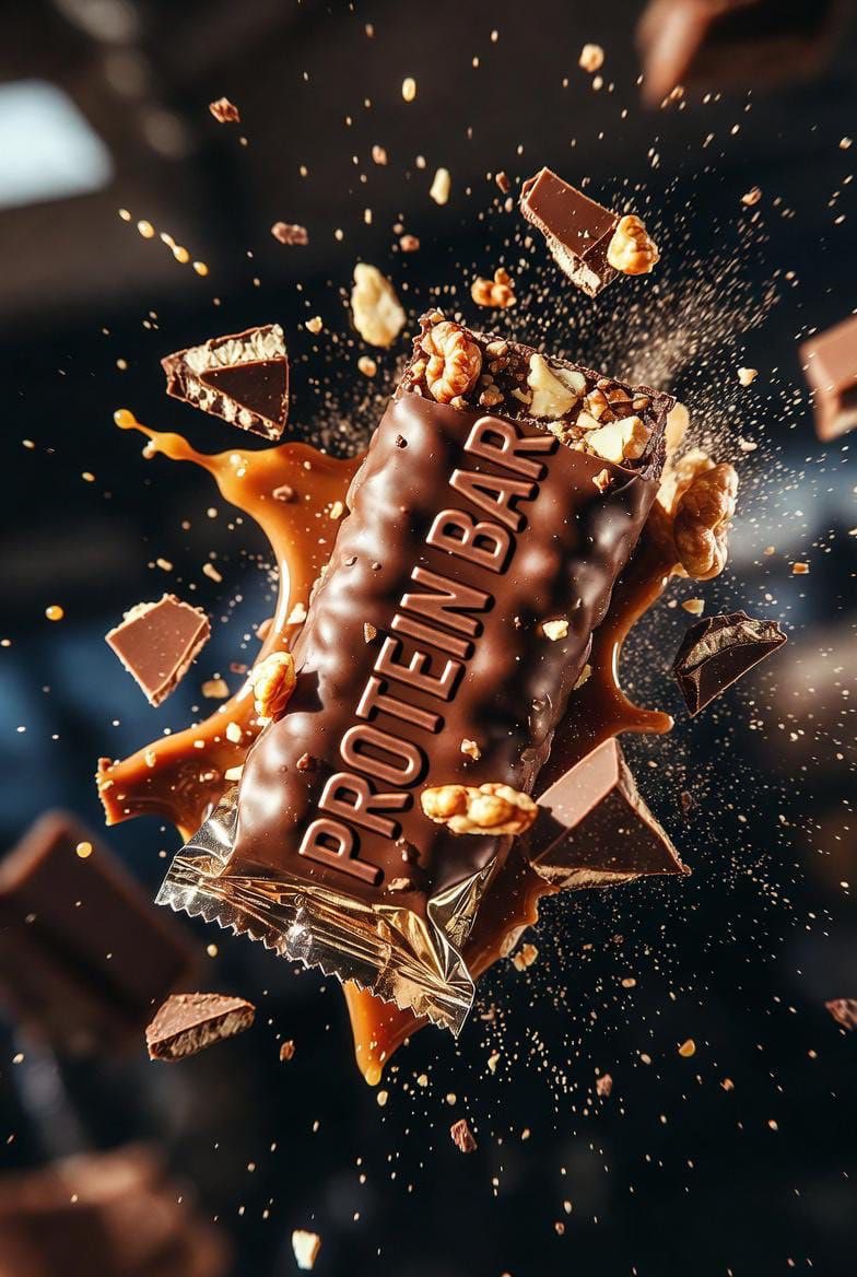 Hyper-realistic floating protein bar with metallic packaging surrounded by exploding chocolate chunks, caramel drips, and nuts in cinematic studio lighting. Thumbnail 2