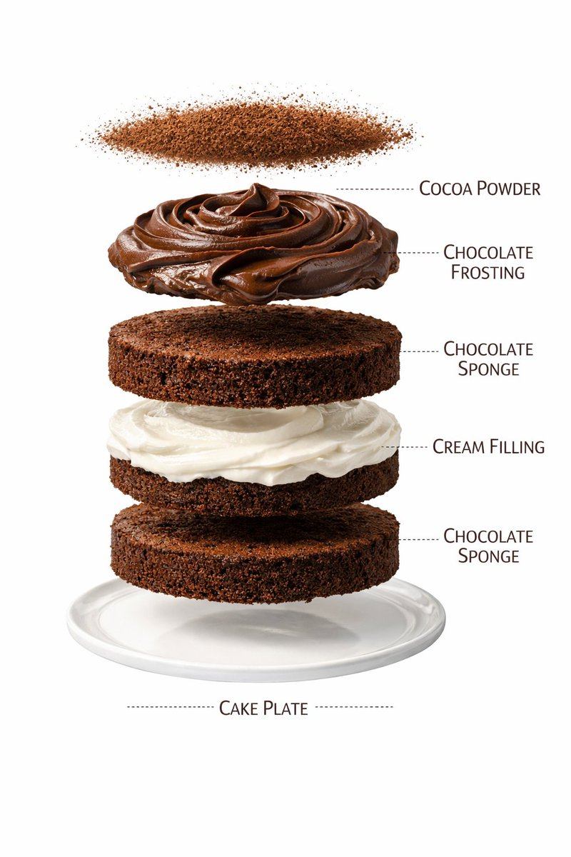 Ultra-realistic layered chocolate cake with white cream filling, glossy ganache topping, raspberries, chocolate curls, and gold pearls on a white plate in minimal studio lighting.