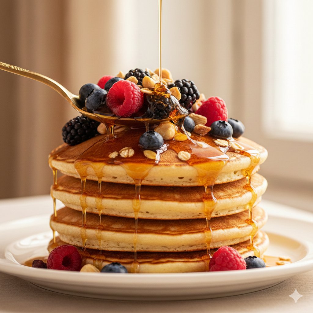 Hyper-realistic stack of fluffy American pancakes covered in flowing maple syrup with fresh berries, nuts, and a golden spoon lifting a syrupy bite in cinematic lighting.