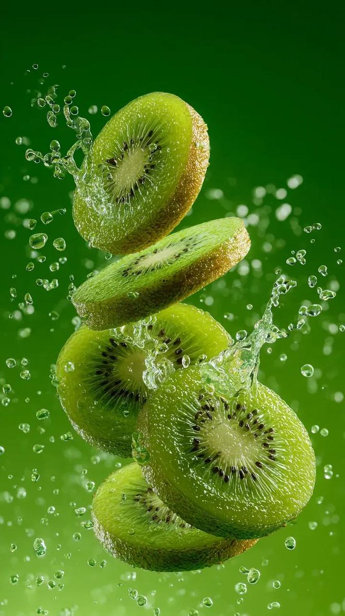 Hyper-realistic sliced kiwi fruit suspended in a dynamic water splash with floating droplets and green gradient background in macro studio photography style.