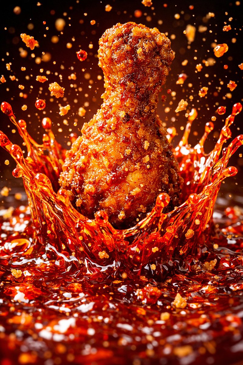 Hyper-realistic crispy fried chicken drumstick in cinematic liquid splash, mid-air floating reveal, and explosive fast-food commercial action scenes with dramatic lighting.