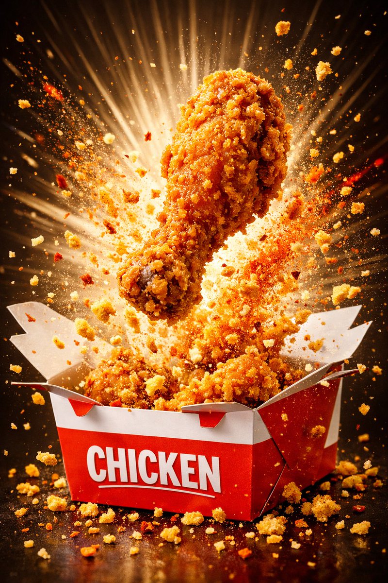 Hyper-realistic crispy fried chicken drumstick in cinematic liquid splash, mid-air floating reveal, and explosive fast-food commercial action scenes with dramatic lighting. Thumbnail 3