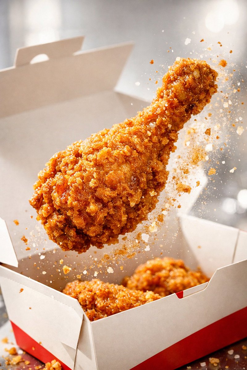 Hyper-realistic crispy fried chicken drumstick in cinematic liquid splash, mid-air floating reveal, and explosive fast-food commercial action scenes with dramatic lighting. Thumbnail 4