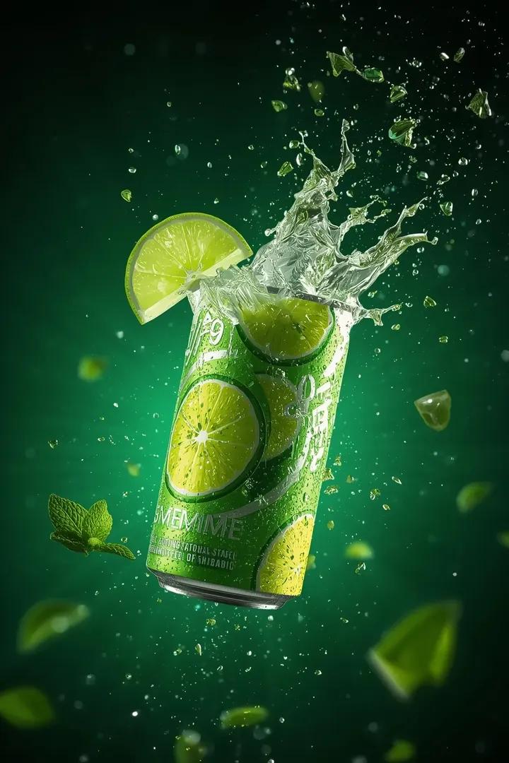 Ultra-cinematic lime soda can exploding with lime wedges and neon-green liquid droplets in a heroic low-angle beverage commercial shot with dramatic backlighting.