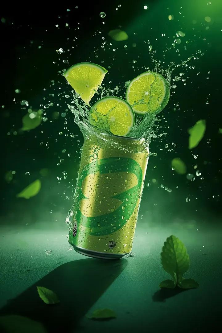 Ultra-cinematic lime soda can exploding with lime wedges and neon-green liquid droplets in a heroic low-angle beverage commercial shot with dramatic backlighting. Thumbnail 2