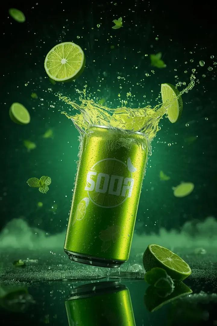 Ultra-cinematic lime soda can exploding with lime wedges and neon-green liquid droplets in a heroic low-angle beverage commercial shot with dramatic backlighting. Thumbnail 3