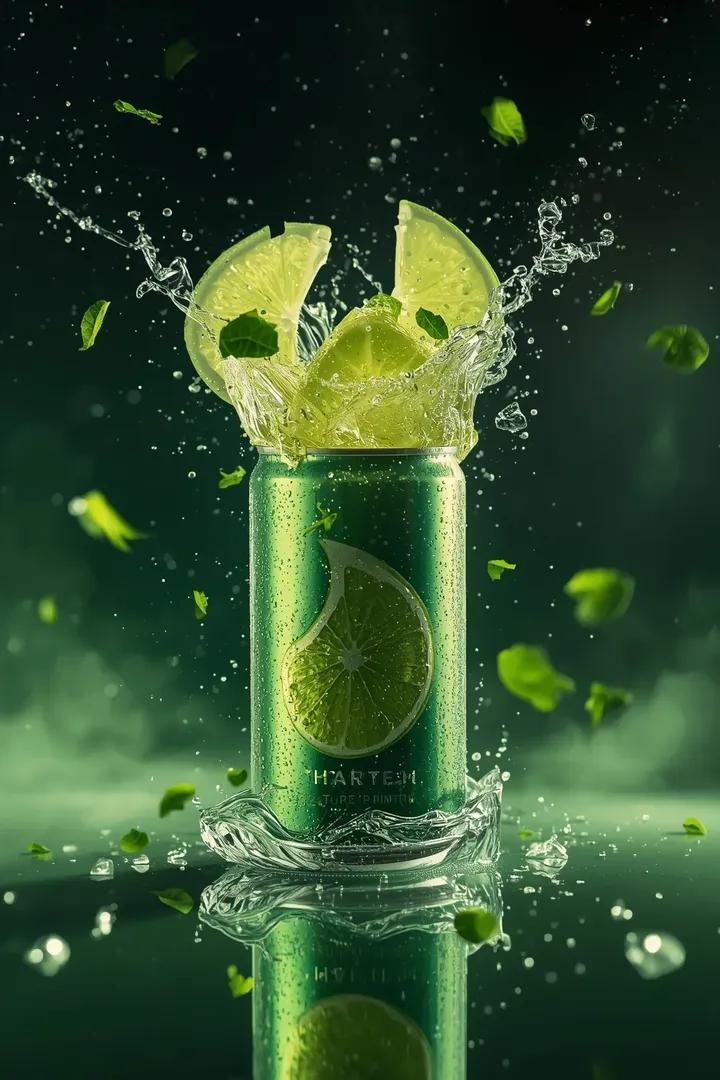 Ultra-cinematic lime soda can exploding with lime wedges and neon-green liquid droplets in a heroic low-angle beverage commercial shot with dramatic backlighting. Thumbnail 4
