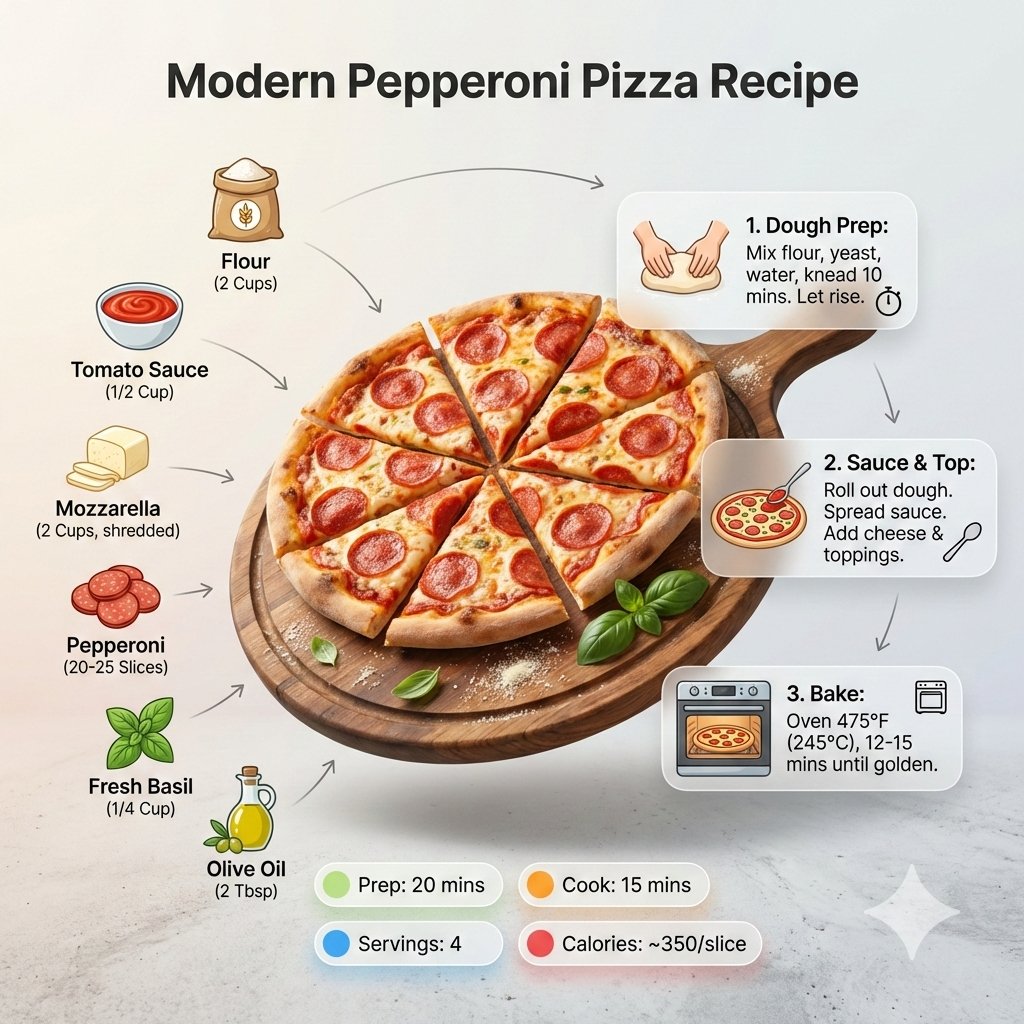 Modern infographic showing a sliced pizza as the hero dish with ingredients, cooking steps, and nutritional badges arranged in a clean editorial layout.