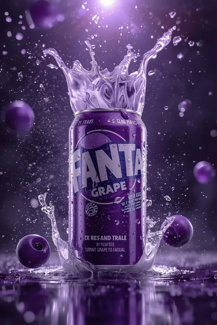 Ultra-premium purple soda can centered in frame with frozen sculptural liquid motion and floating berries in dark cinematic luxury lighting.
