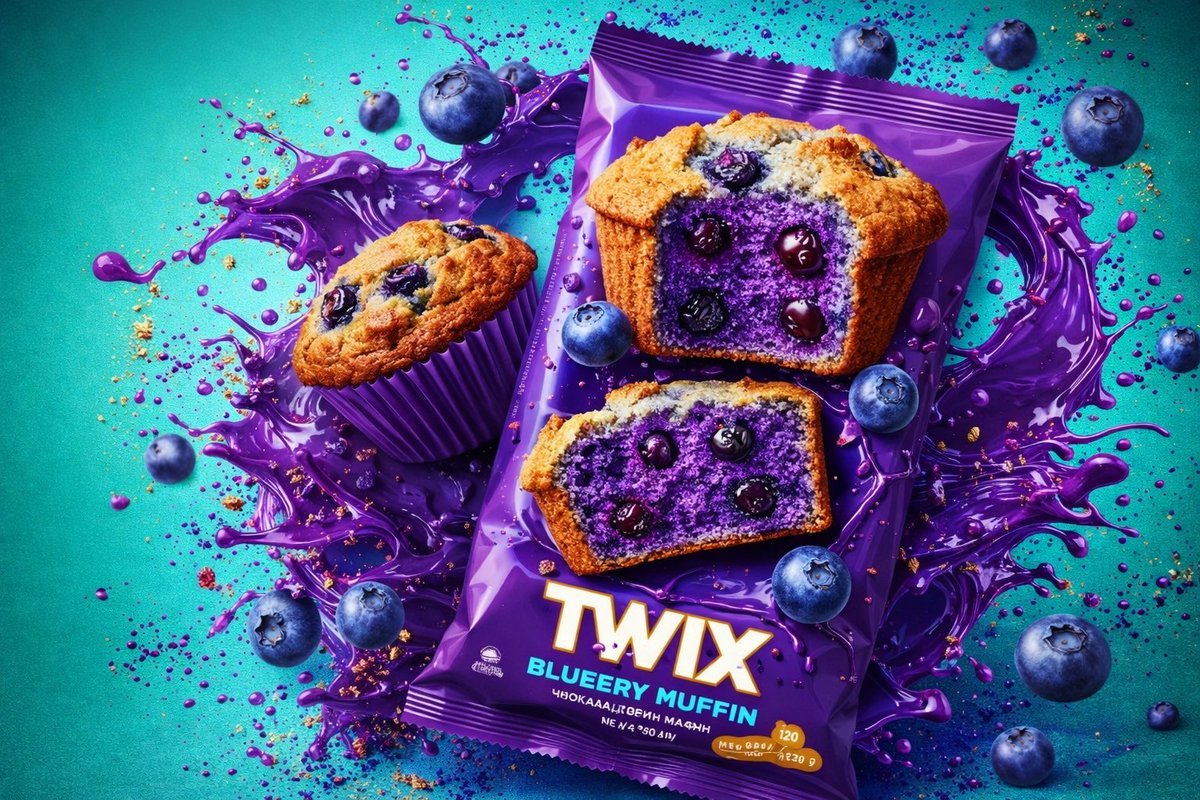 Three hyper-realistic floating candy bar product ads with mint chocolate, dark chocolate, and blueberry muffin variations surrounded by dynamic liquid splashes and ingredients in a luxury studio setup.