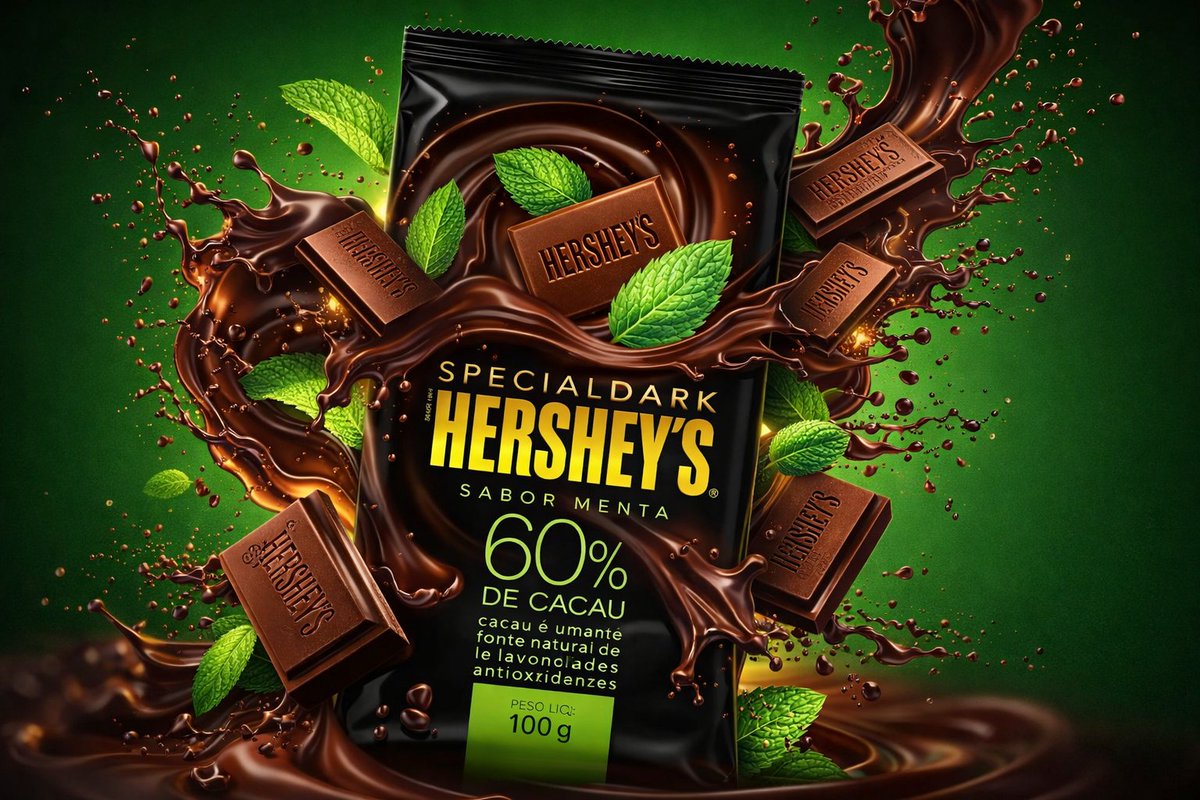 Three hyper-realistic floating candy bar product ads with mint chocolate, dark chocolate, and blueberry muffin variations surrounded by dynamic liquid splashes and ingredients in a luxury studio setup. Thumbnail 2
