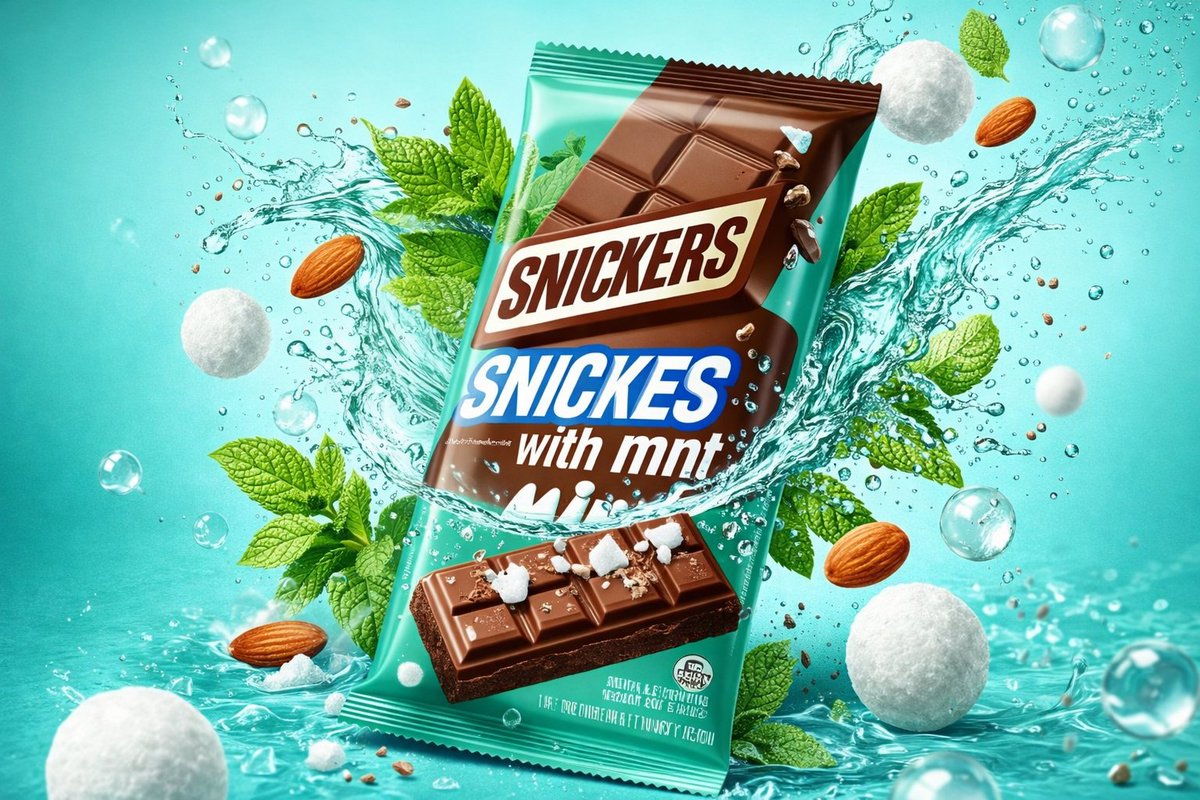 Three hyper-realistic floating candy bar product ads with mint chocolate, dark chocolate, and blueberry muffin variations surrounded by dynamic liquid splashes and ingredients in a luxury studio setup. Thumbnail 4