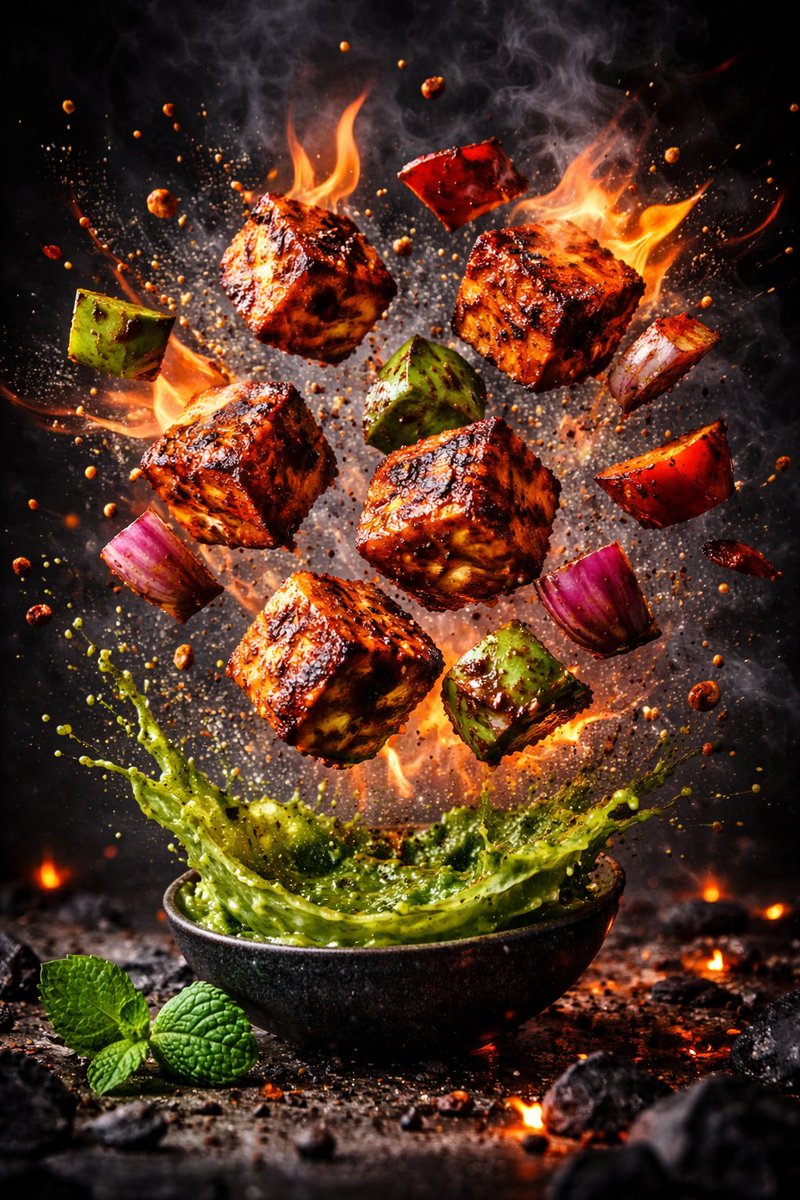 Hyper-realistic cinematic explosion of gourmet food with floating spices, sauces, rice, and grilled elements in dramatic studio lighting and smoky background.