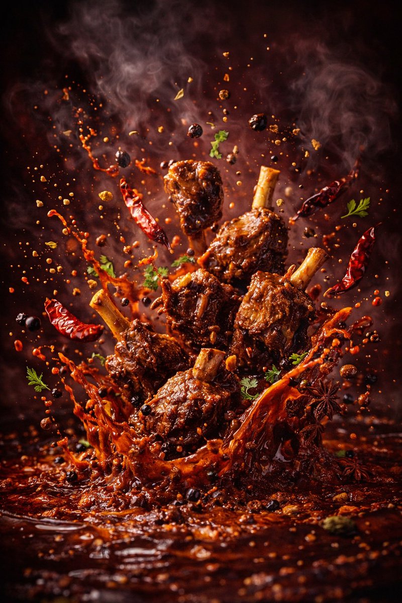 Hyper-realistic cinematic explosion of gourmet food with floating spices, sauces, rice, and grilled elements in dramatic studio lighting and smoky background. Thumbnail 3