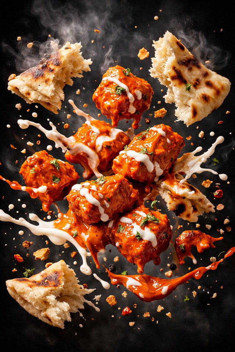 Hyper-realistic cinematic explosion of gourmet food with floating spices, sauces, rice, and grilled elements in dramatic studio lighting and smoky background. Thumbnail 2