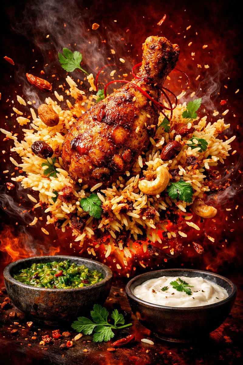 Hyper-realistic cinematic explosion of gourmet food with floating spices, sauces, rice, and grilled elements in dramatic studio lighting and smoky background. Thumbnail 4