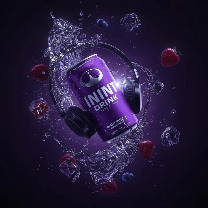 Floating purple energy drink can labeled “INFINITY ENERGY DRINK – NIGHT KING†surrounded by explosive liquid splashes, ice cubes, berries, and headphones in cinematic dark studio lighting. Thumbnail 2