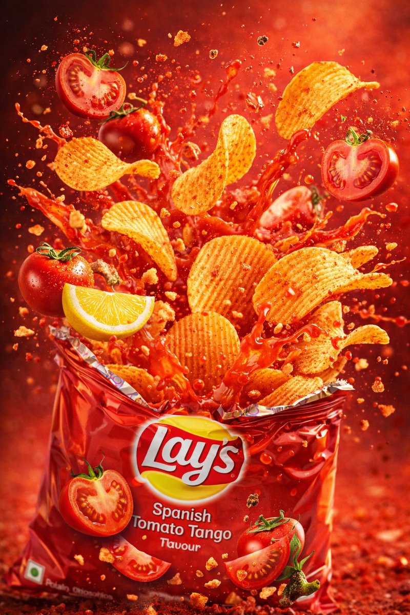 Lay’s Spanish Tomato Tango chip packet bursting with golden chips, tomato sauce splashes, and floating tomatoes in a cinematic red FMCG advertisement scene.