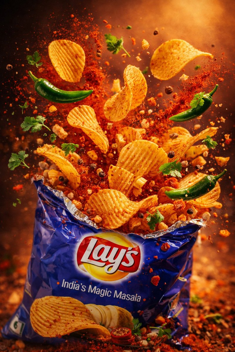 Lay’s Spanish Tomato Tango chip packet bursting with golden chips, tomato sauce splashes, and floating tomatoes in a cinematic red FMCG advertisement scene. Thumbnail 3