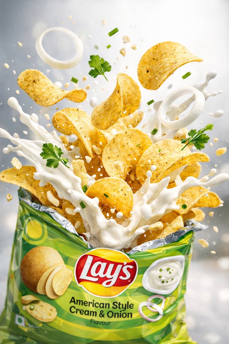 Lay’s Spanish Tomato Tango chip packet bursting with golden chips, tomato sauce splashes, and floating tomatoes in a cinematic red FMCG advertisement scene. Thumbnail 4