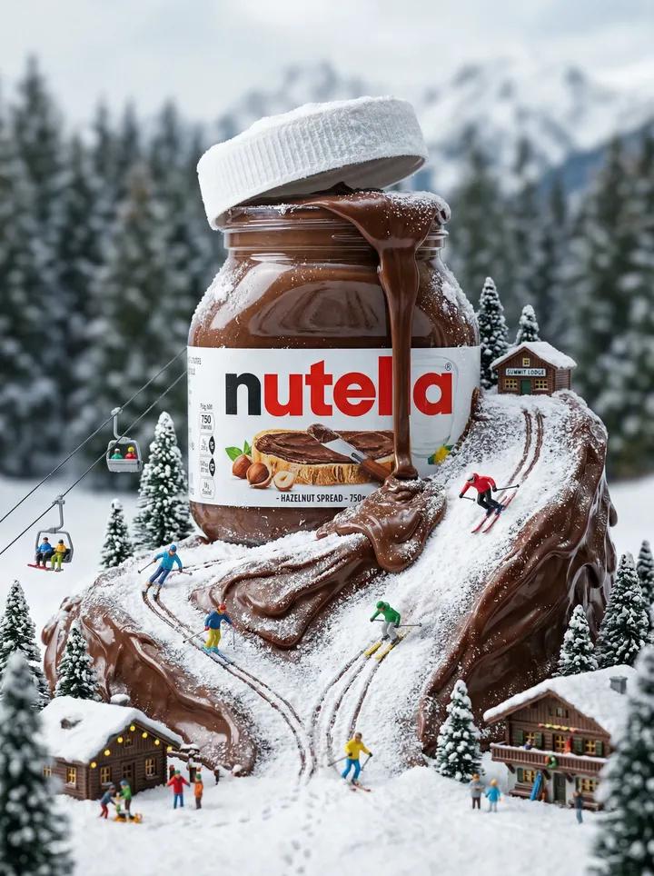 Ultra-realistic miniature winter ski world built around a giant Nutella jar with flowing chocolate ski slope, tiny skiers, and alpine village in cinematic macro style.