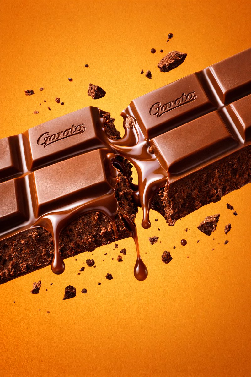 Ultra-realistic broken Garoto chocolate bar with melted glossy texture, floating crumbs and chocolate splashes in a cinematic studio advertisement setup.