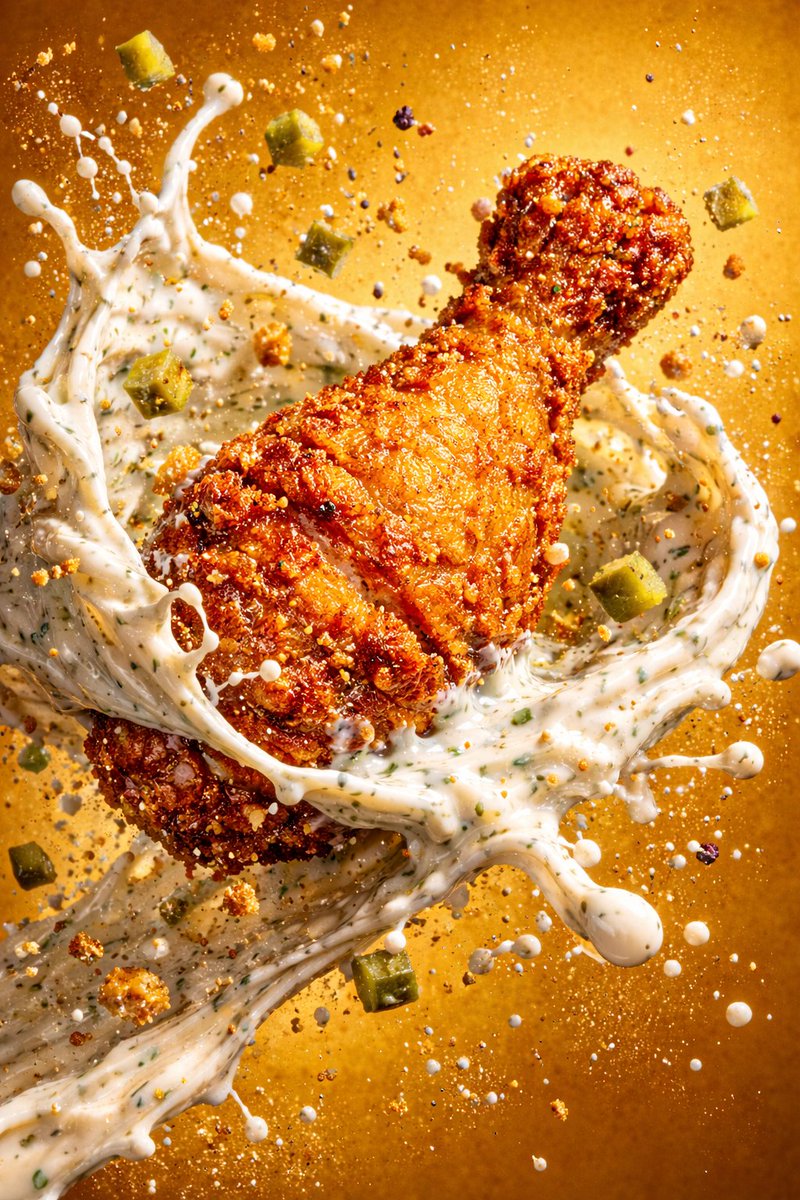 Epic cinematic scene of a giant crispy fried chicken leg rising from a tidal wave of creamy sauce with floating pickles and herbs in a surreal food universe. Thumbnail 2