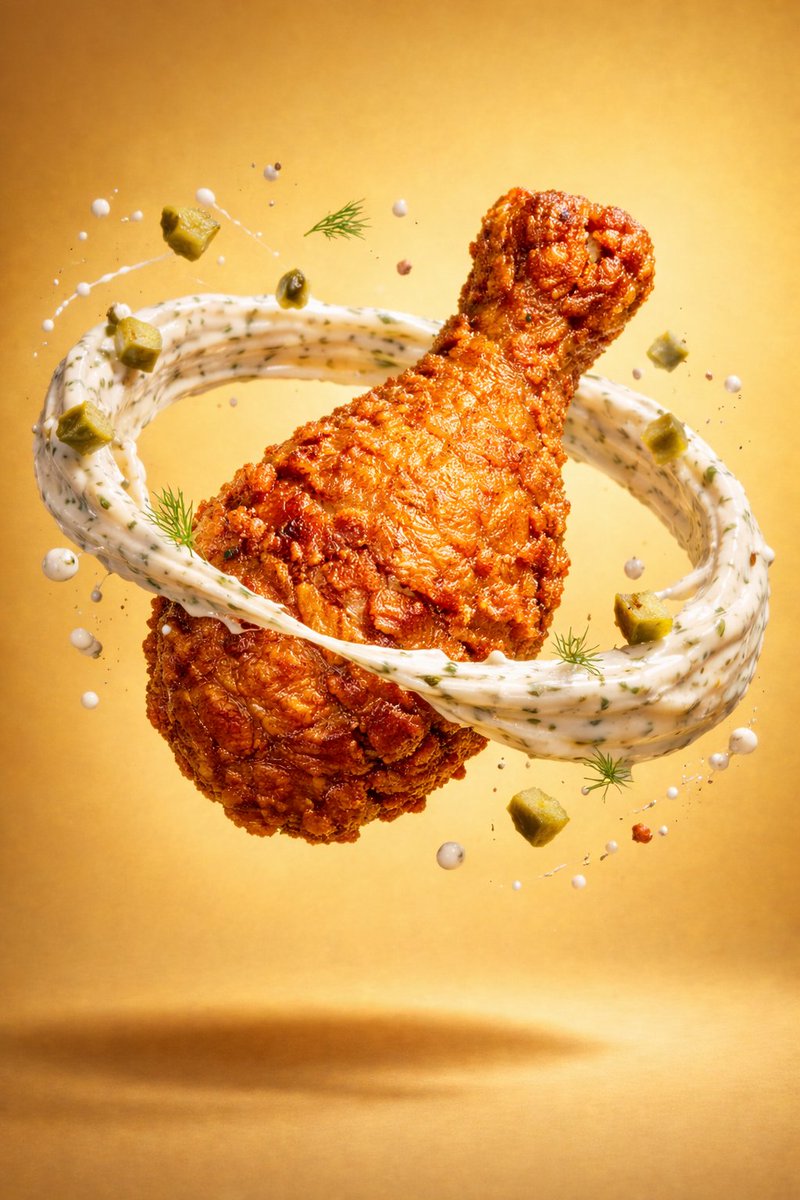 Epic cinematic scene of a giant crispy fried chicken leg rising from a tidal wave of creamy sauce with floating pickles and herbs in a surreal food universe. Thumbnail 3
