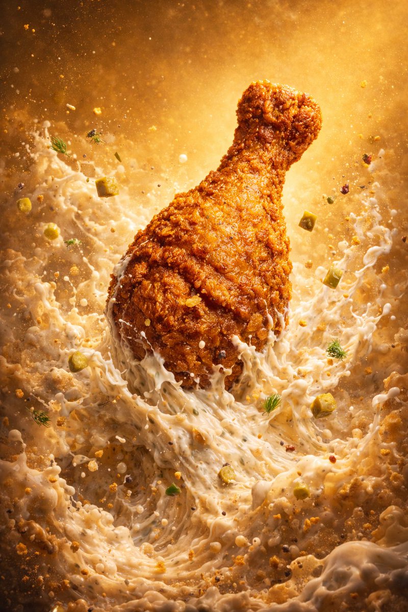 Epic cinematic scene of a giant crispy fried chicken leg rising from a tidal wave of creamy sauce with floating pickles and herbs in a surreal food universe. Thumbnail 4