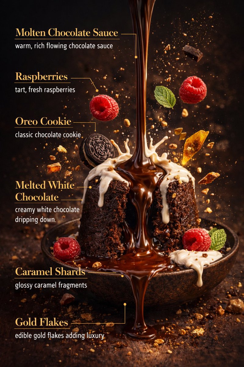 Ultra-realistic vertical floating cake infographic with layered sponge slices, cream, fruits, macarons, and chocolate suspended in cinematic studio lighting.