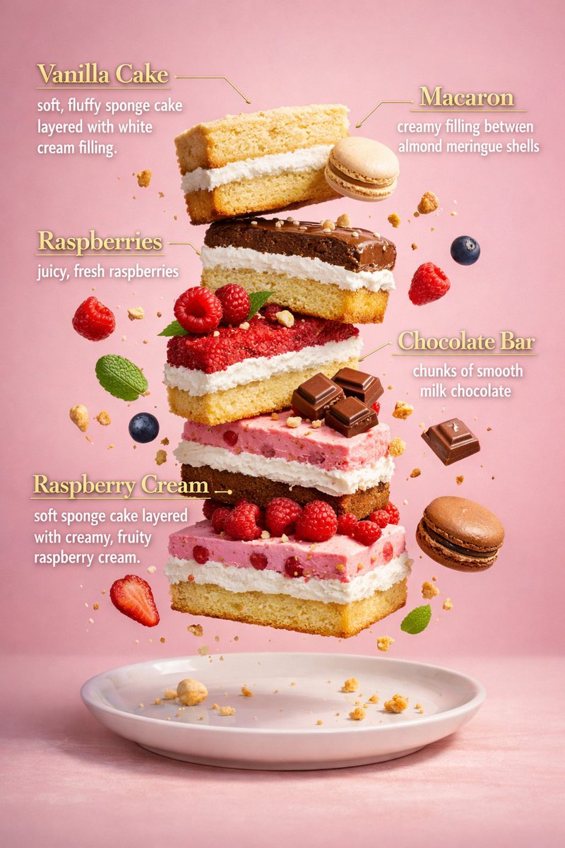 Ultra-realistic vertical floating cake infographic with layered sponge slices, cream, fruits, macarons, and chocolate suspended in cinematic studio lighting. Thumbnail 2