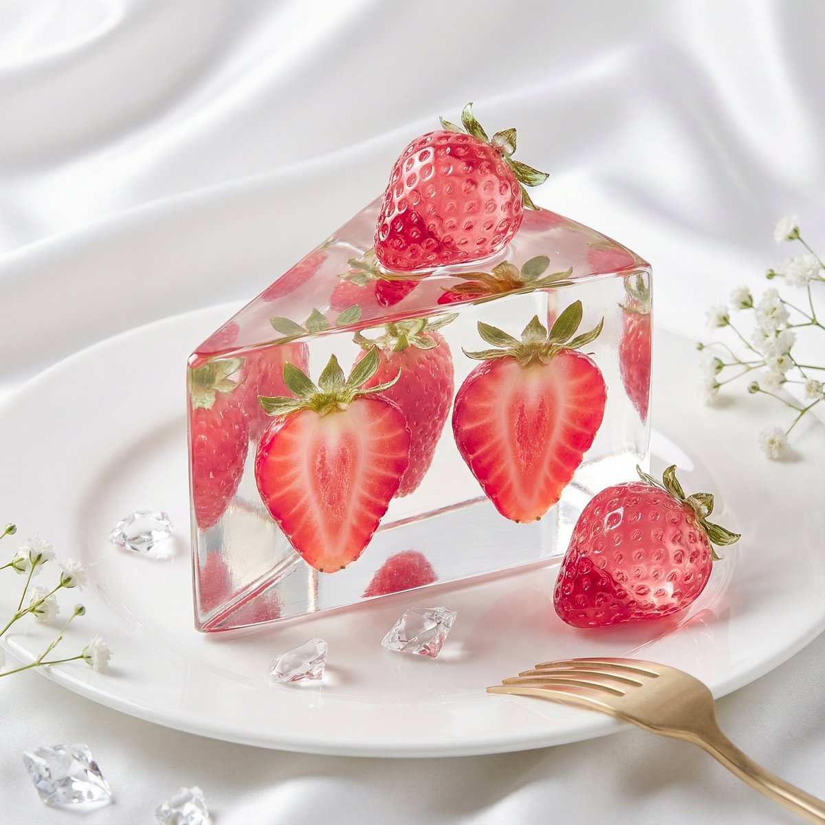 Luxury crystal-clear triangular prism cake with translucent orange glass fruit on a glossy ceramic plate in a high-end editorial still life setting.