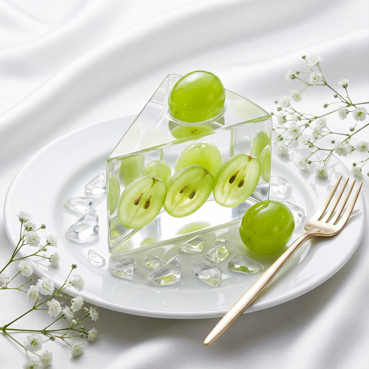 Luxury crystal-clear triangular prism cake with translucent orange glass fruit on a glossy ceramic plate in a high-end editorial still life setting. Thumbnail 3