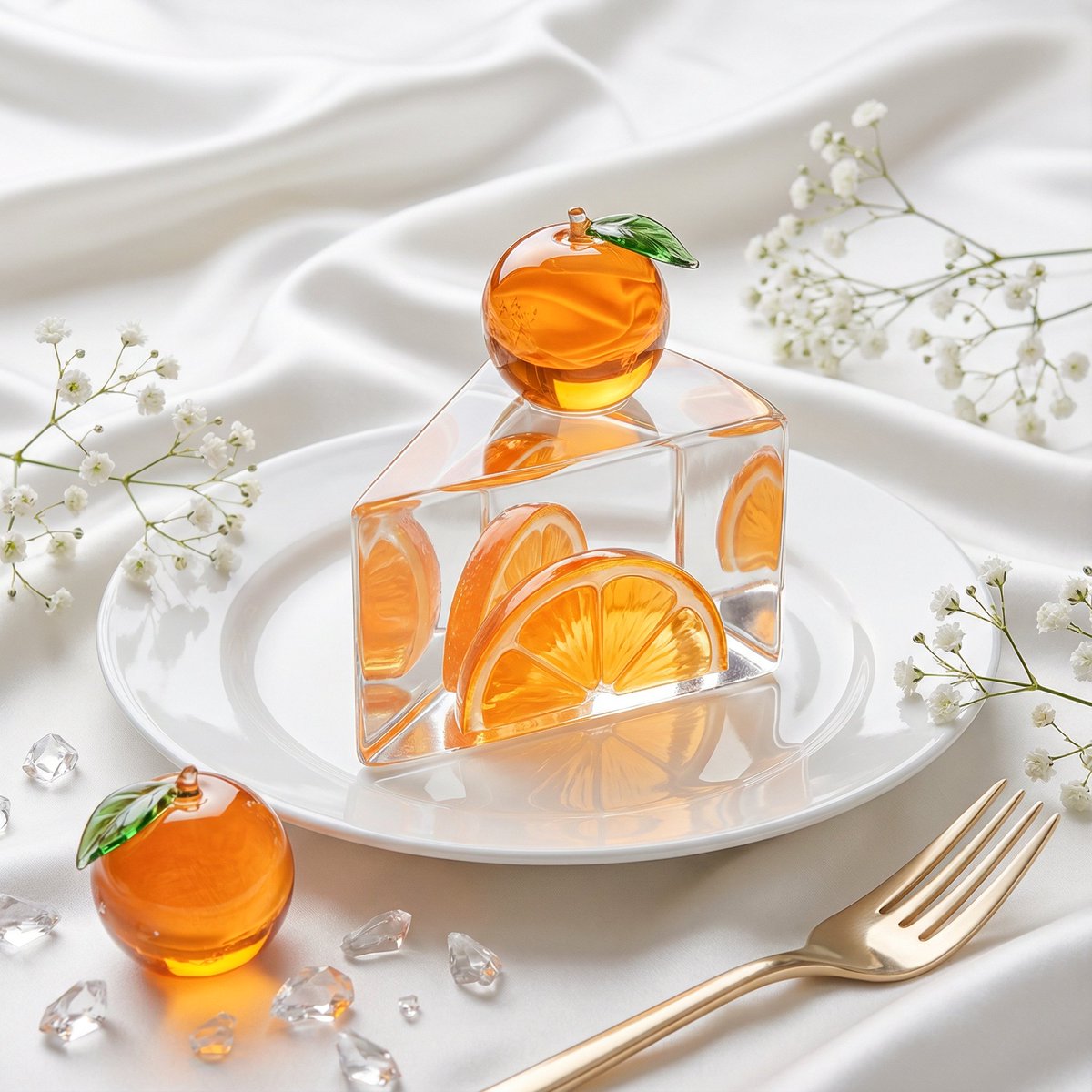 Luxury crystal-clear triangular prism cake with translucent orange glass fruit on a glossy ceramic plate in a high-end editorial still life setting. Thumbnail 2