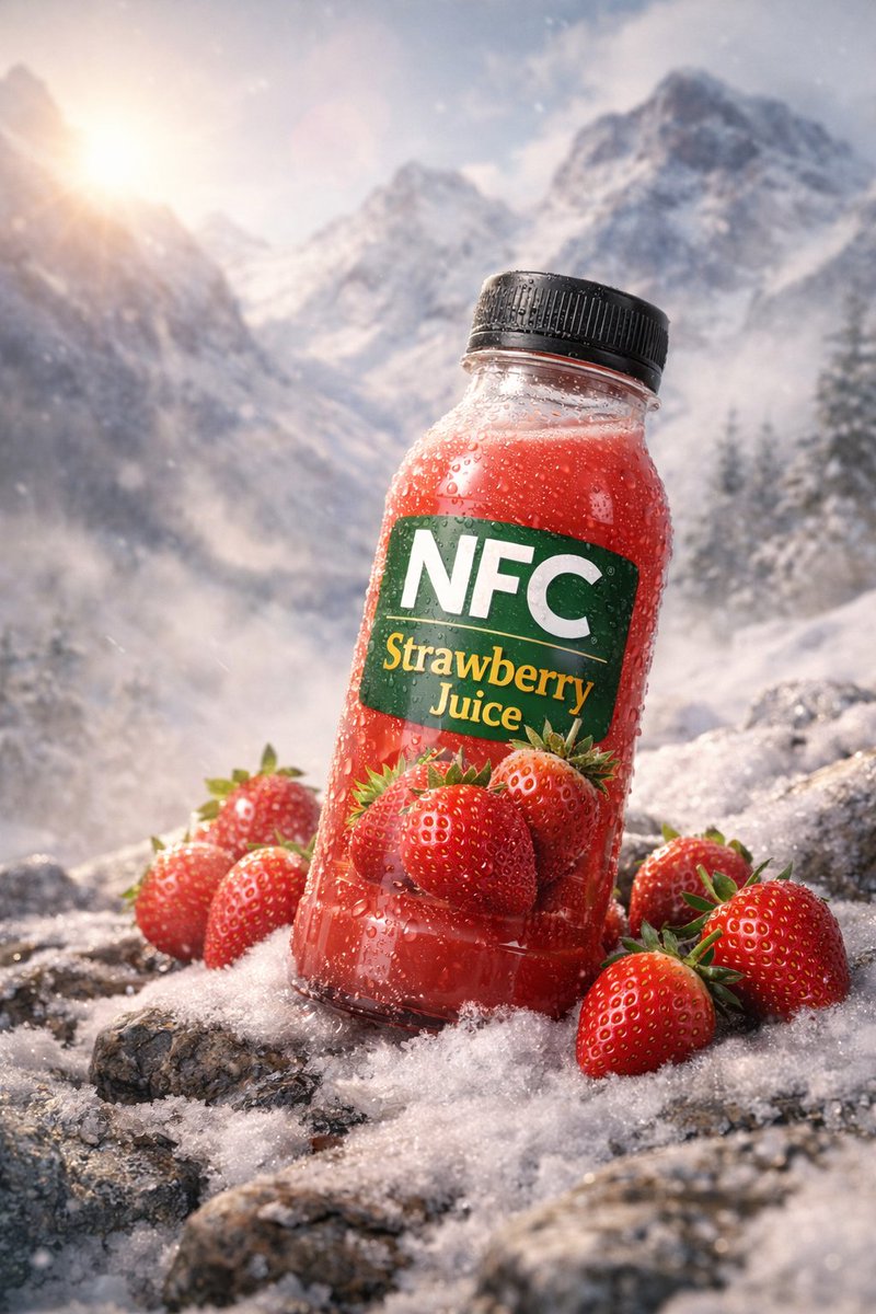 Ultra-realistic NFC juice bottle advertisements in tropical beach, icy mountain, citrus grove, and luxury tropical vacation environments. Thumbnail 2