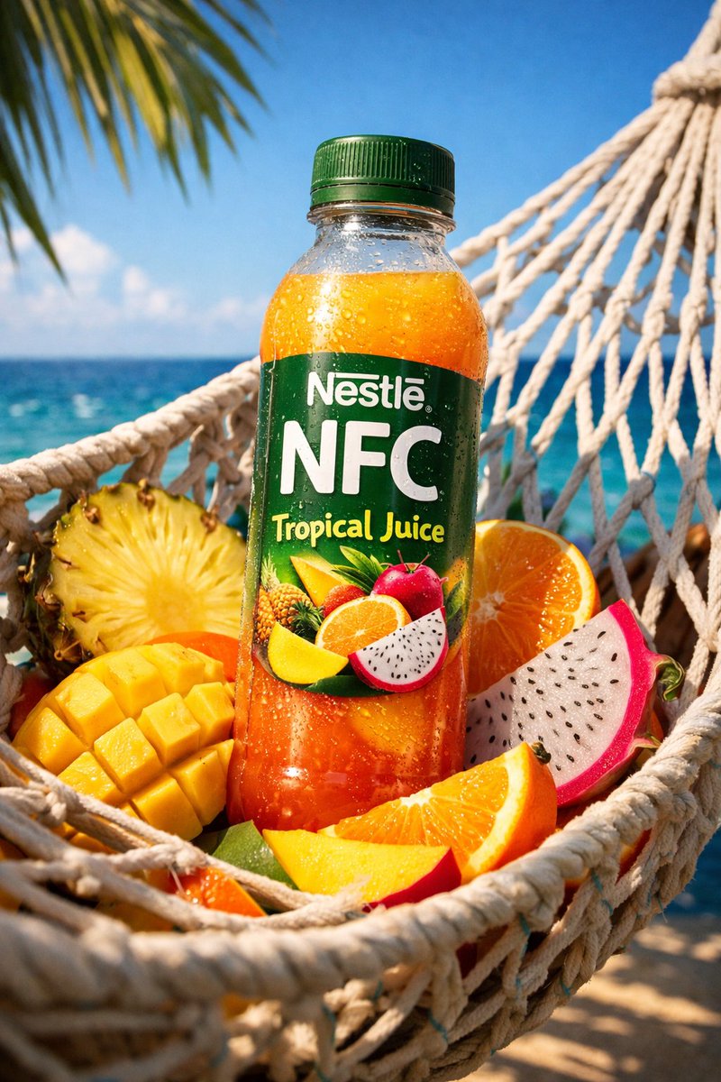 Ultra-realistic NFC juice bottle advertisements in tropical beach, icy mountain, citrus grove, and luxury tropical vacation environments. Thumbnail 3