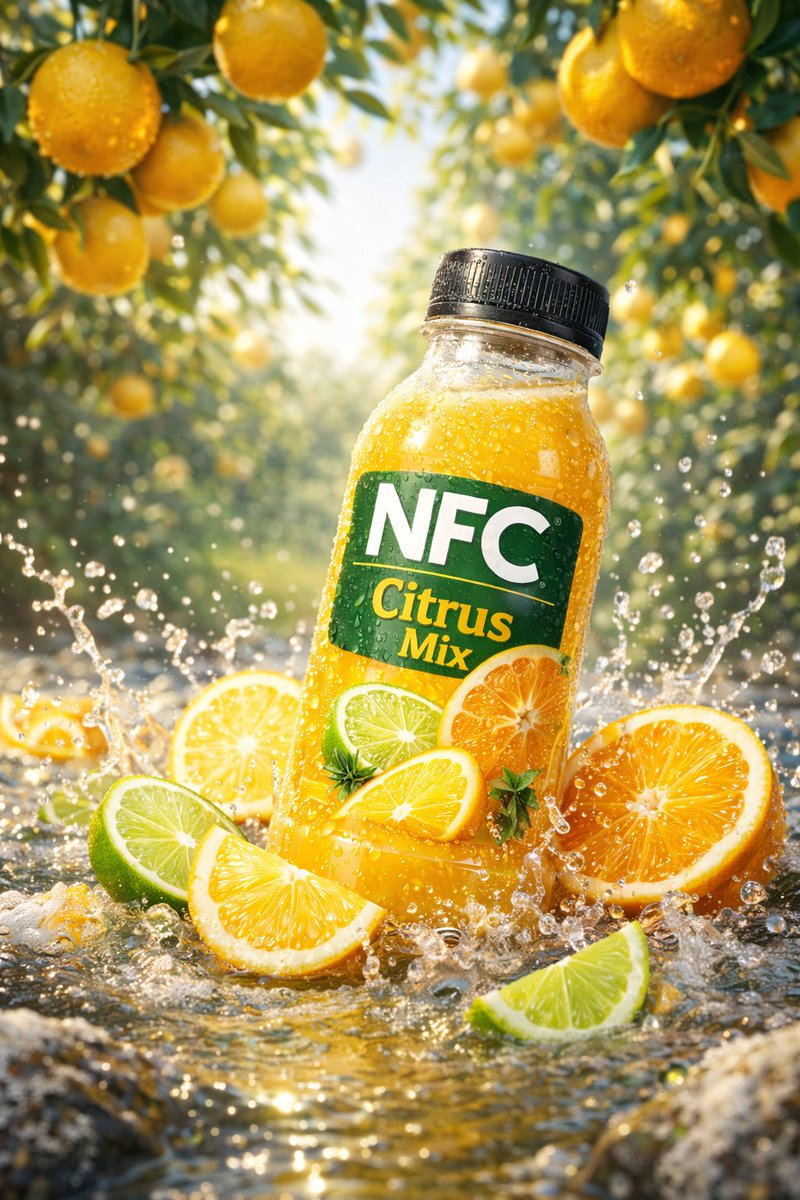 Ultra-realistic NFC juice bottle advertisements in tropical beach, icy mountain, citrus grove, and luxury tropical vacation environments. Thumbnail 4