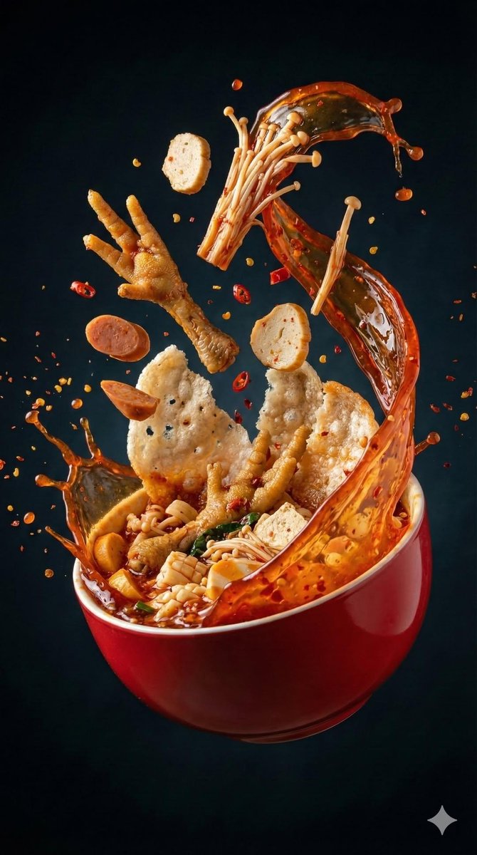 Cinematic hyper-realistic Seblak kuah scene with intact ceramic bowl and dynamically splitting crackers, stretching spicy broth, and floating toppings in motion. Thumbnail 2
