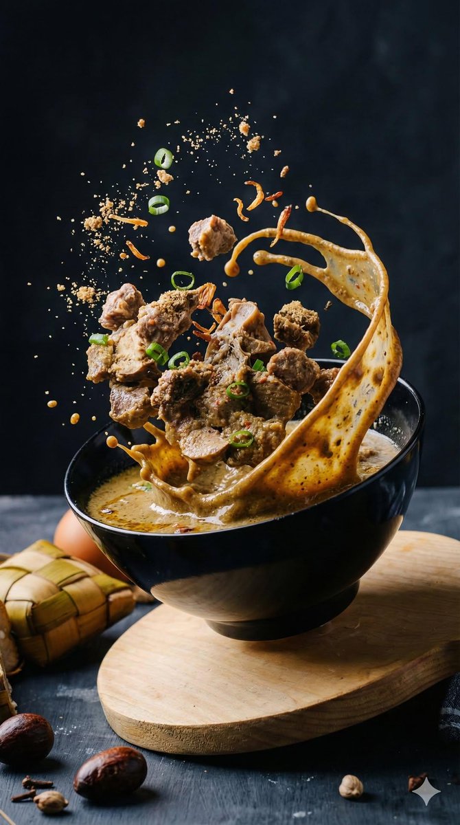 Cinematic hyper-realistic Seblak kuah scene with intact ceramic bowl and dynamically splitting crackers, stretching spicy broth, and floating toppings in motion. Thumbnail 4