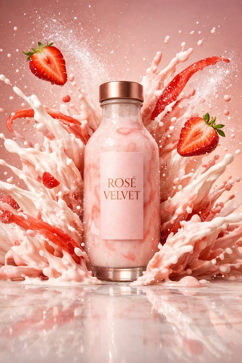Luxury frosted glass bottle labeled ROSÃ‰ VELVET filled with strawberry shake, surrounded by frozen creamy splash, floating strawberries, and cinematic studio lighting.