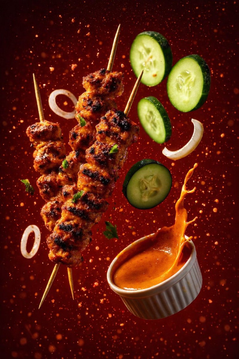 Three cinematic floating food scenes showing a taco with suspended ingredients, grilled skewers with splashing sauce, and sushi rolls with floating sesame seeds in dramatic studio lighting. Thumbnail 3