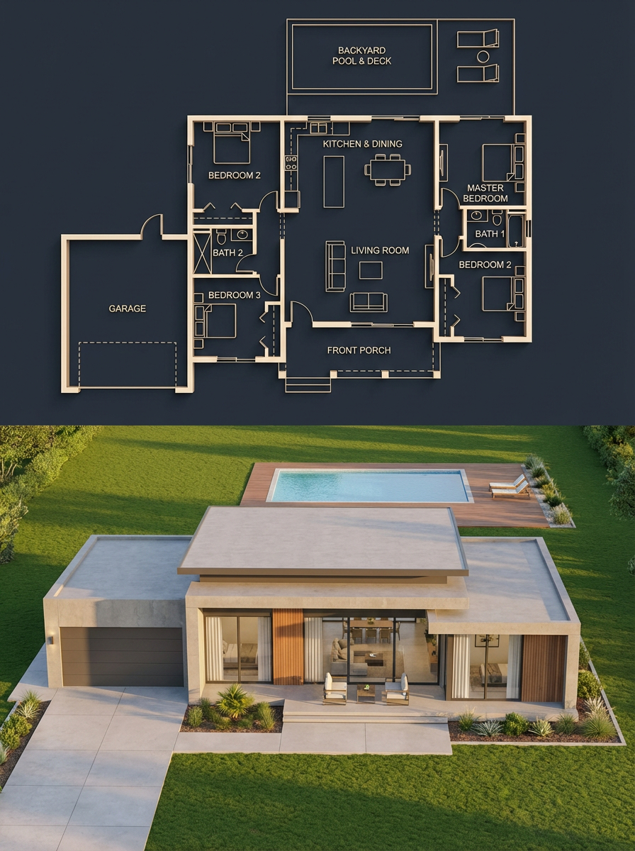 A split architectural visualization featuring a luxury dark-themed blueprint on the top section and a perfectly matched photorealistic modern single-story house render on the bottom section.